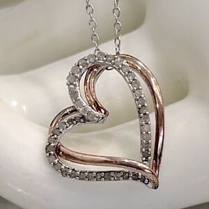 Sterling Silver Rosegold Two Tone Diamond Floating Heart Pendant Necklace